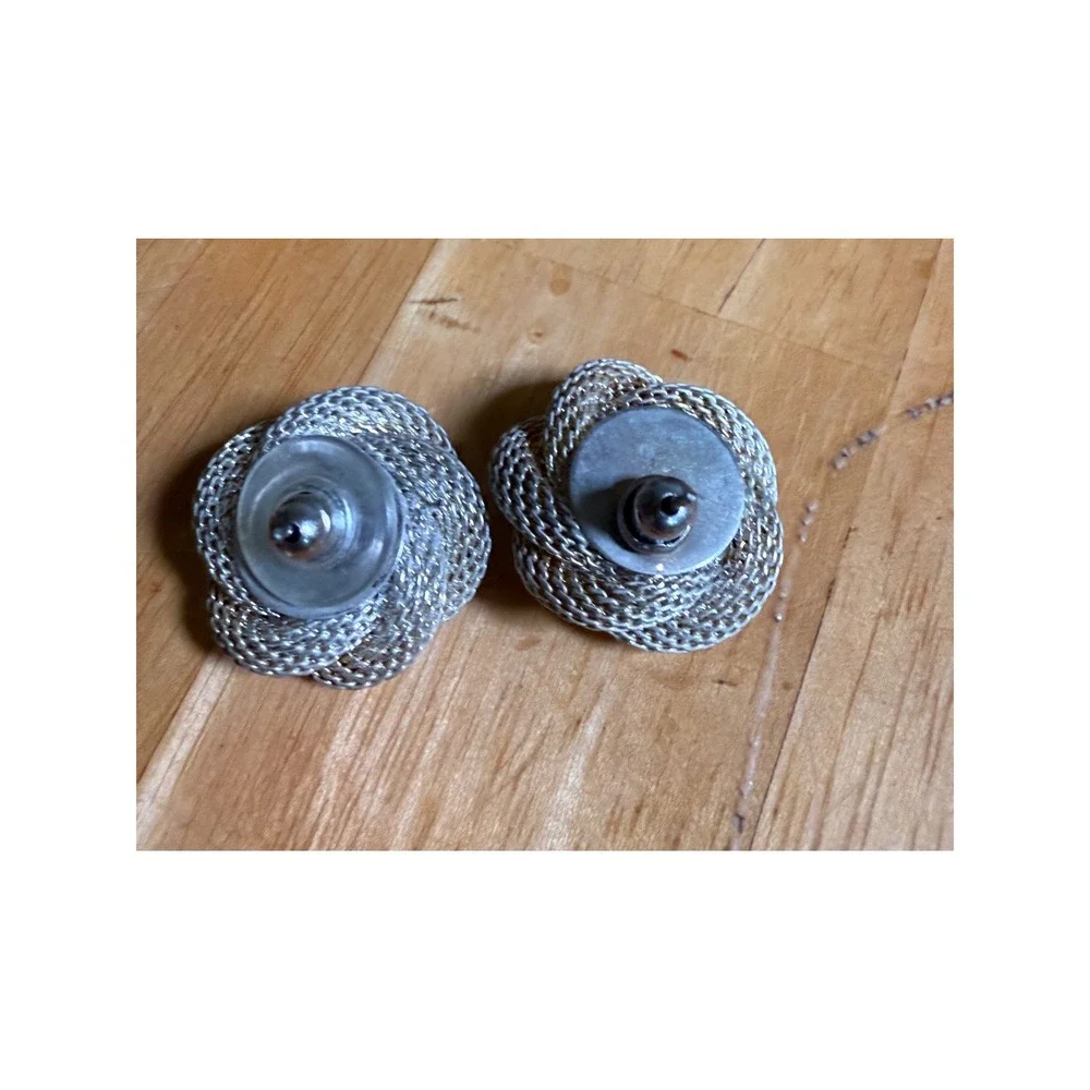 Vintage Silver Tone Mesh Knot Stud Earrings Woven Floral‎ Rose Post Backs 1 Inch